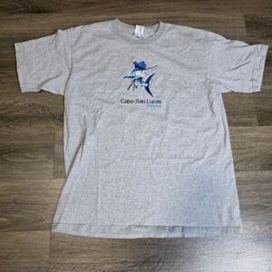 Yazbek Mens Large T-Shirt‎ Gray Cabo San Lucas Mexico Embroidered Marlin Fishing